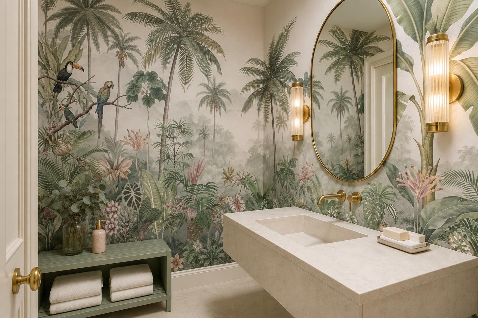 Tropical Birds And Palm Trees Wallpaper Mural — Wallpaper Mural Design, Peel-and-stick Finish
