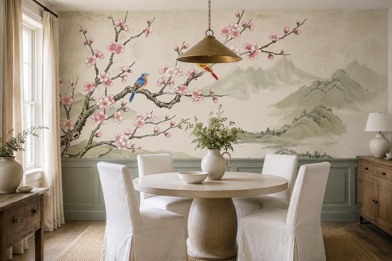 Tan And Neutral Abstract Forms Wallpaper Mural Layered Quiet Dining-room-wallpaper-murals, Shown In A Dining Room, Peel-and-stick Finish
