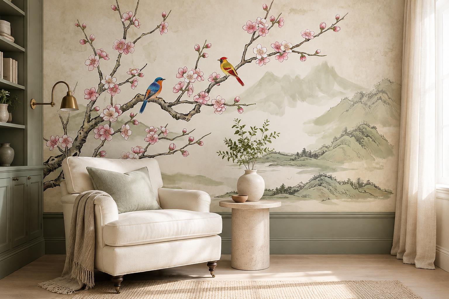 Cherry Blossoms And Songbirds Wallpaper Mural — Wallpaper Mural Design, Peel-and-stick Finish