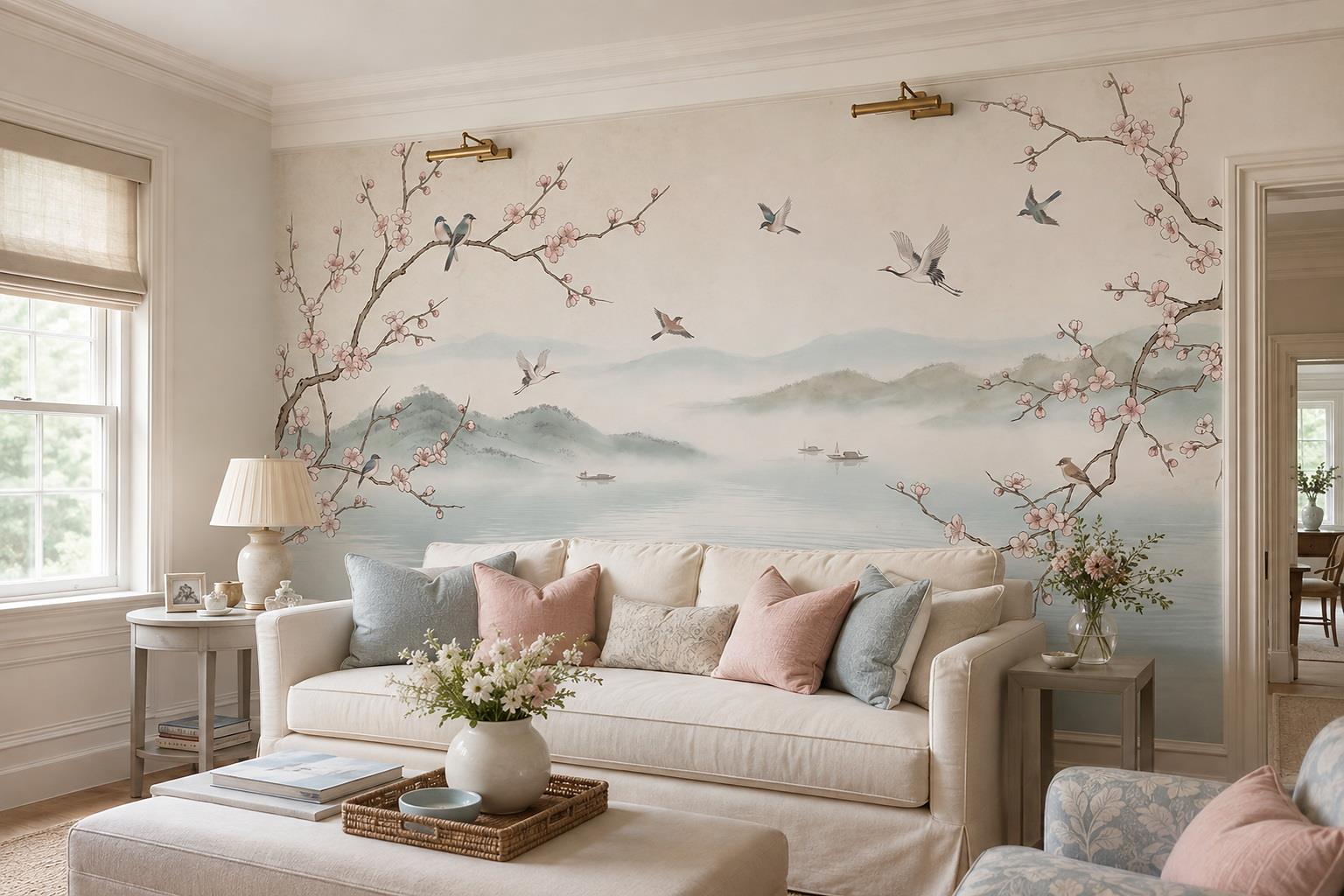 Cherry Blossom Lake And Cranes Wallpaper Mural — Wallpaper Mural Design, Peel-and-stick Finish