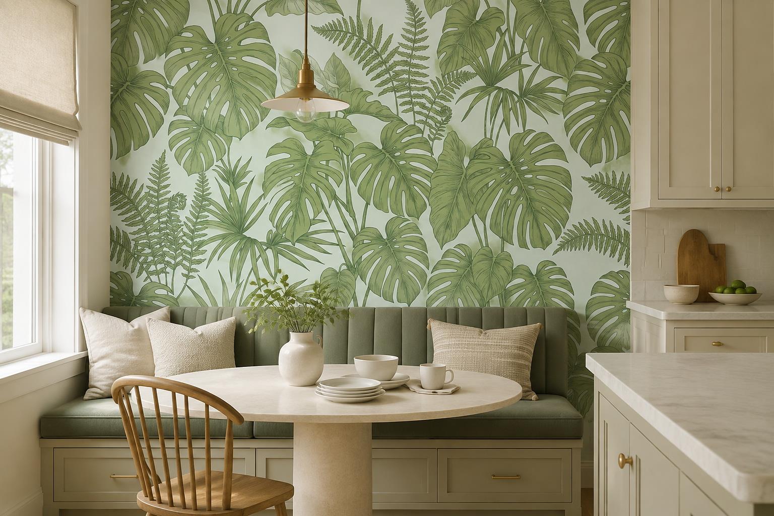 Tan And Neutral Abstract Forms Wallpaper Mural Layered Measured Dining-room-wallpaper-murals, Shown In A Dining Room, Peel-and-stick Finish