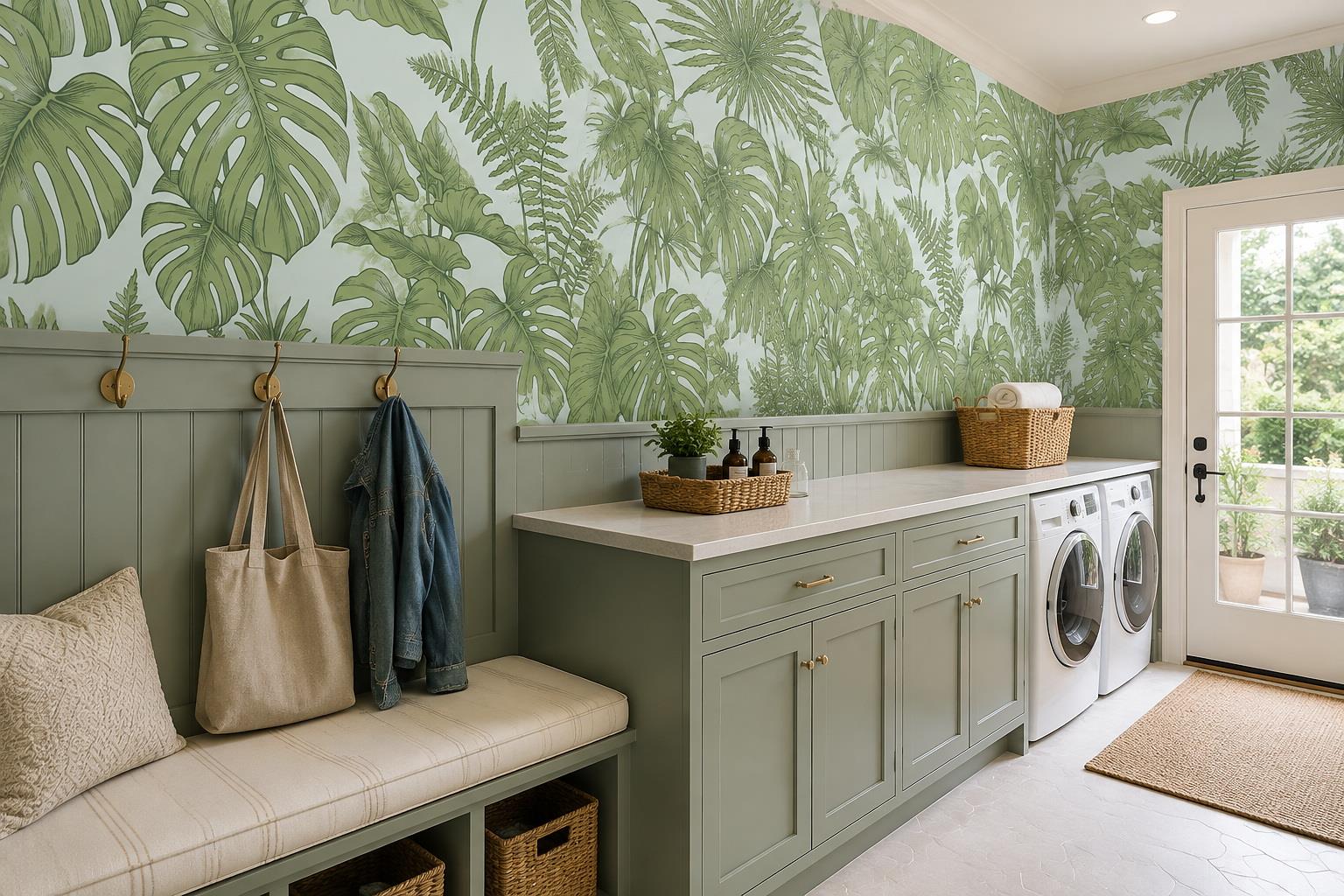 Sage Green Monstera And Fern Wallpaper — Wallpaper Mural Design, Peel-and-stick Finish
