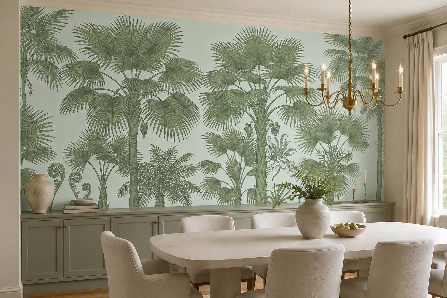 Tan And Neutral Abstract Forms Wallpaper Mural Layered Soft Dining-room-wallpaper-murals, Shown In A Dining Room, Peel-and-stick Finish