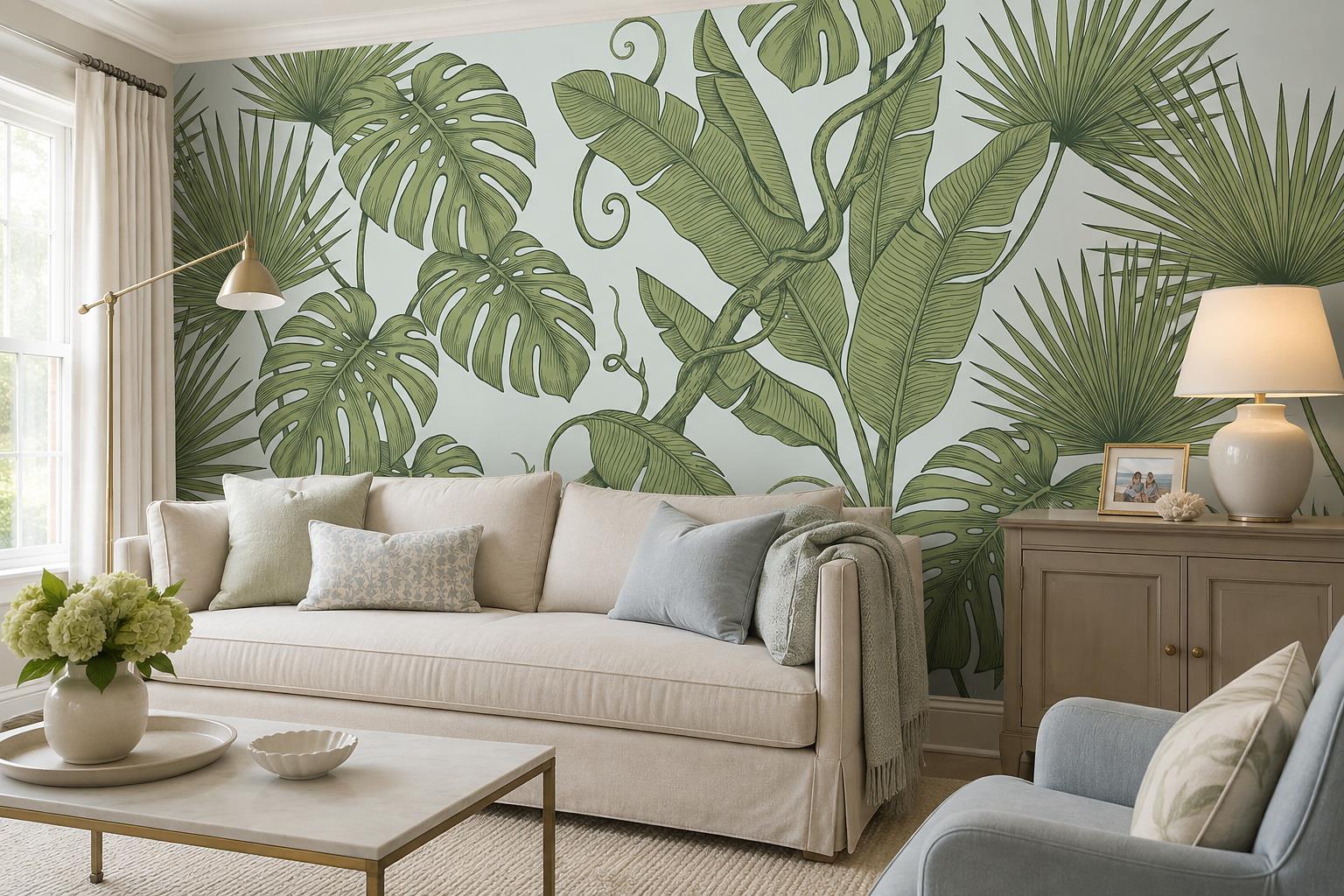 Sage Green Tropical Leaves Wallpaper Mural — Wallpaper Mural Design, Peel-and-stick Finish