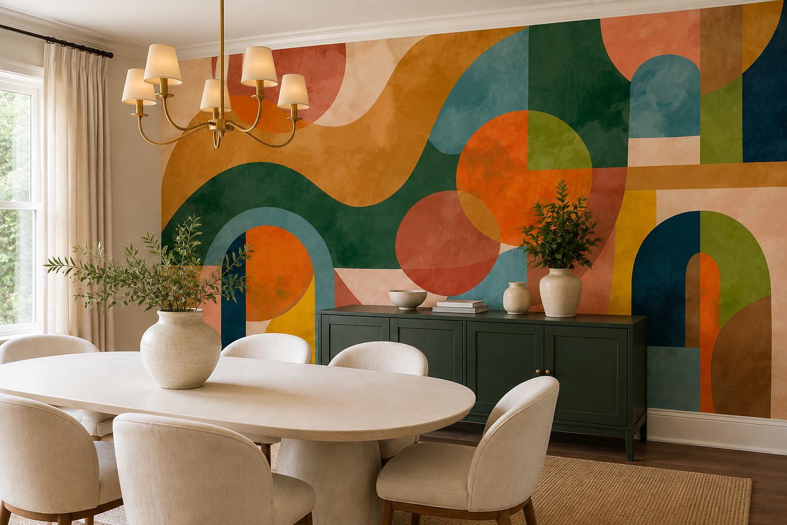 Tan And Neutral Abstract Forms Wallpaper Mural Layered Balanced Dining-room-wallpaper-murals, Shown In A Dining Room, Peel-and-stick Finish