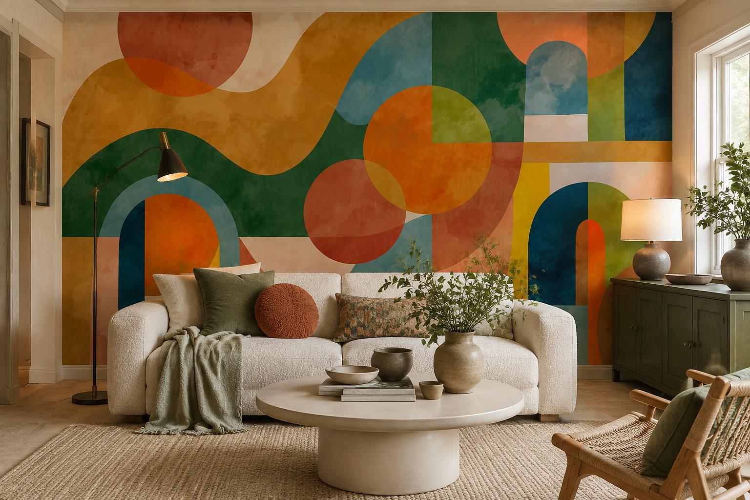 Terracotta And Teal Geometric Arch Wallpaper Mural — Wallpaper Mural Design, Peel-and-stick Finish