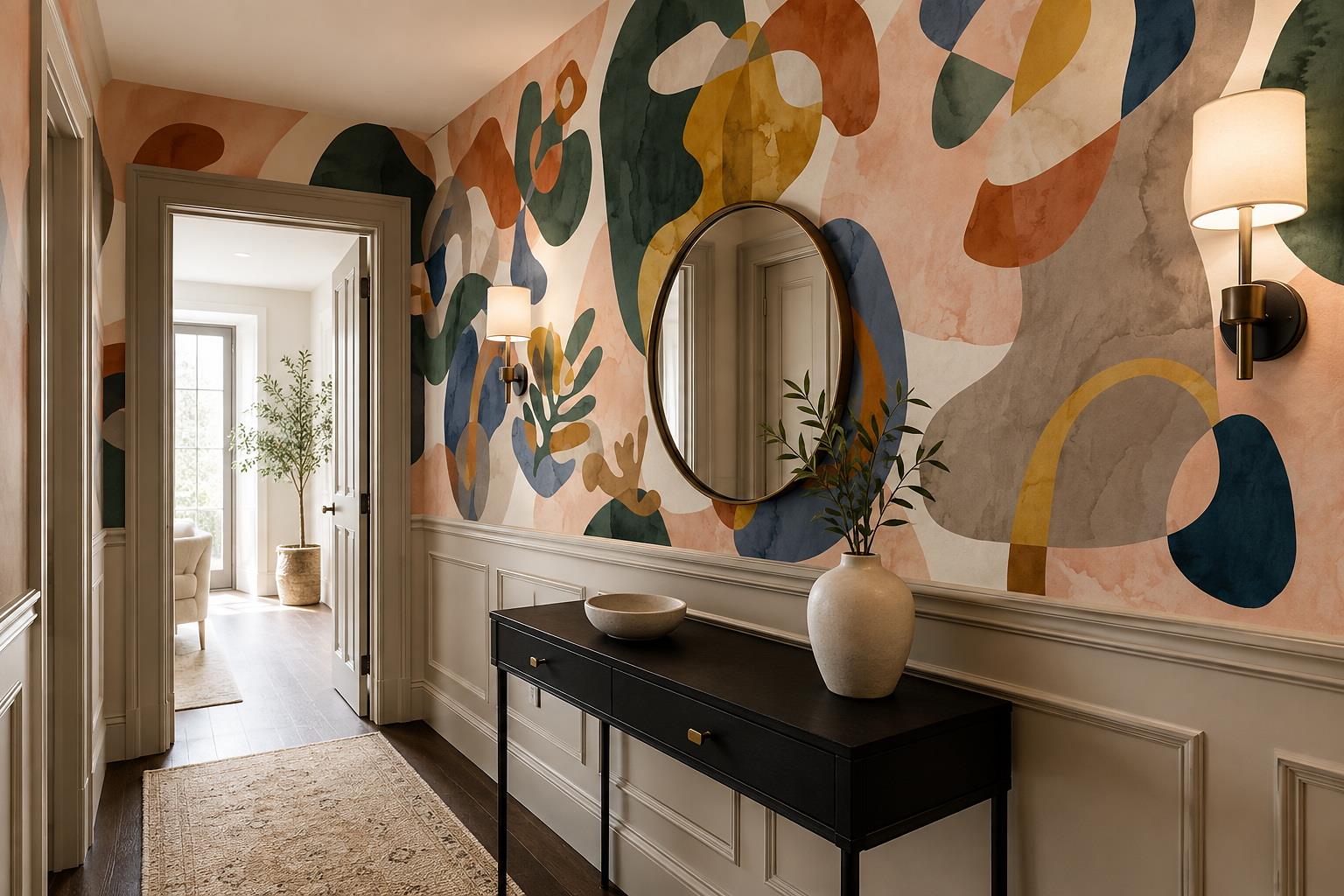 Tan And Neutral Abstract Forms Wallpaper Mural Layered Abstract Entryway-wallpaper-murals, Peel-and-stick Finish