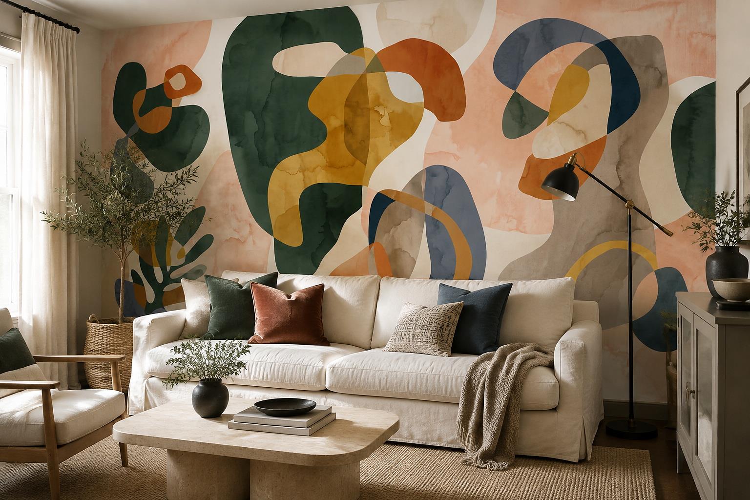 Tan And Neutral Abstract Forms Wallpaper Mural Layered Abstract Living-room-wallpaper-murals, Peel-and-stick Finish