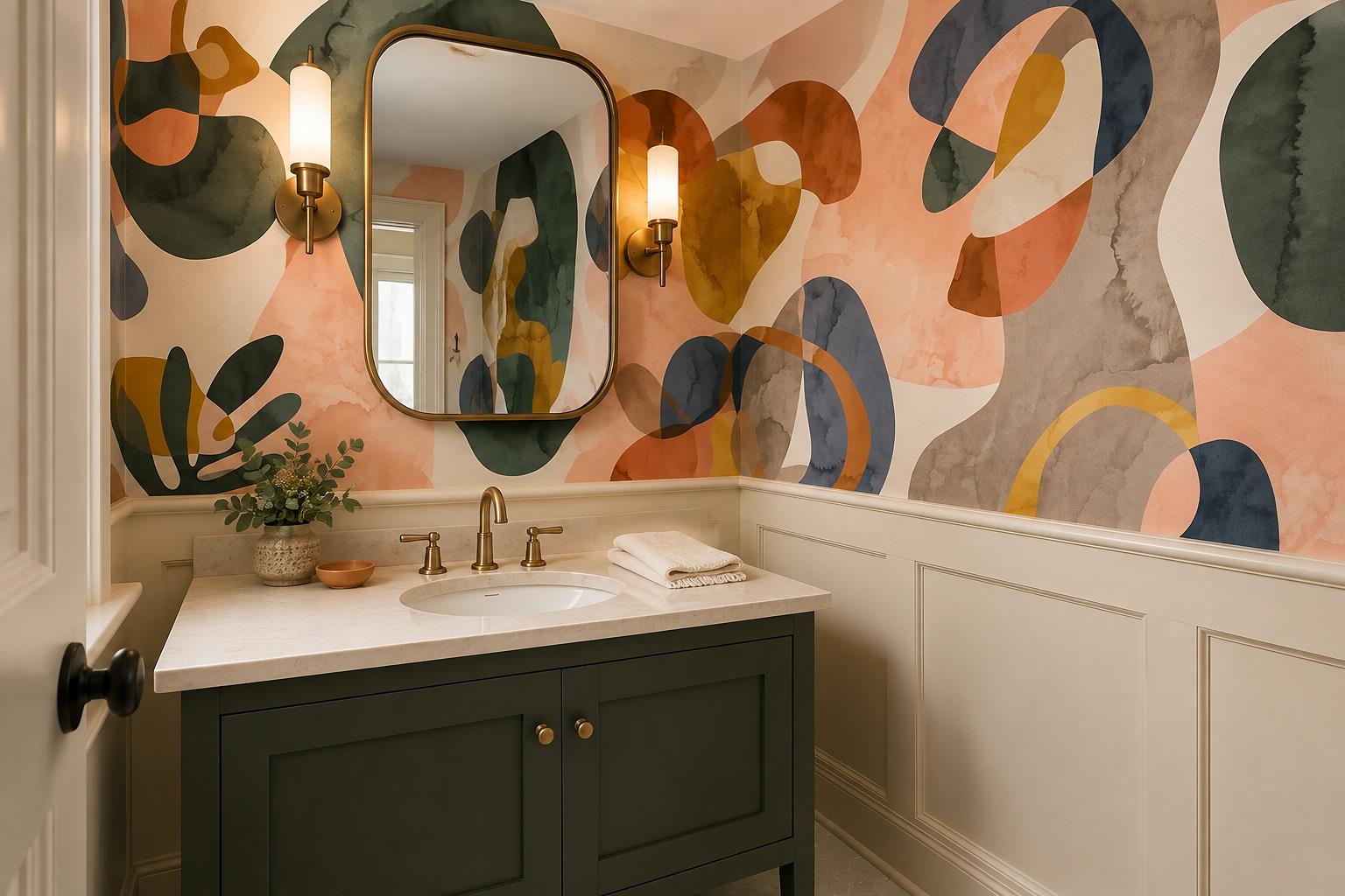 Tan And Neutral Abstract Forms Wallpaper Mural Layered Abstract Accent-wall-wallpaper-murals, Peel-and-stick Finish