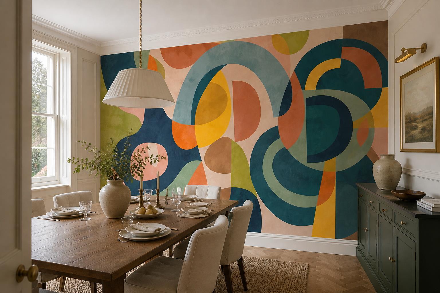 Tan And Neutral Abstract Forms Wallpaper Decorative Wallpaper Mural Dining-room-wallpaper-murals, Shown In A Dining Room, Peel-and-stick Finish