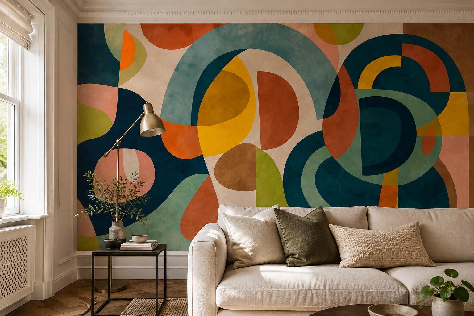 Tan And Neutral Abstract Forms Wallpaper Decorative Wallpaper Mural Living-room-wallpaper-murals, Peel-and-stick Finish