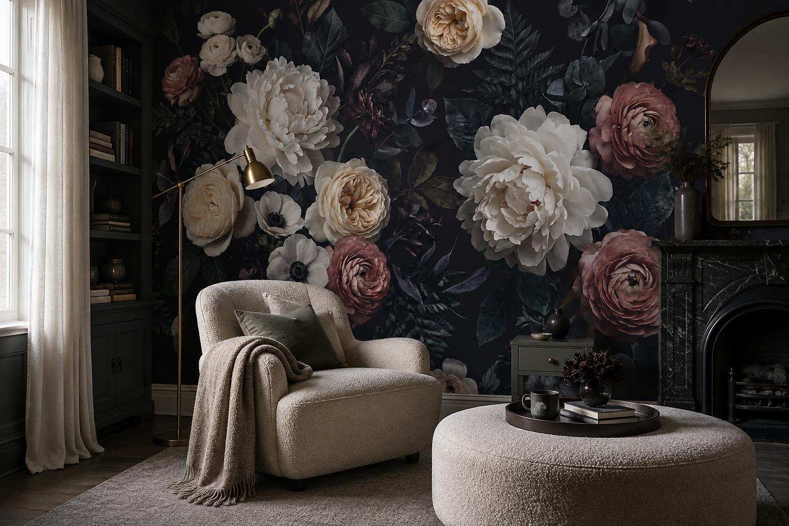 White And Blush Roses On Dark Wallpaper Mural — Wallpaper Mural Design, Peel-and-stick Finish
