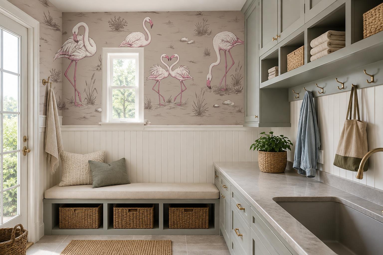 Pink Flamingos In A Wetland Wallpaper Mural — Wallpaper Mural Design, Peel-and-stick Finish