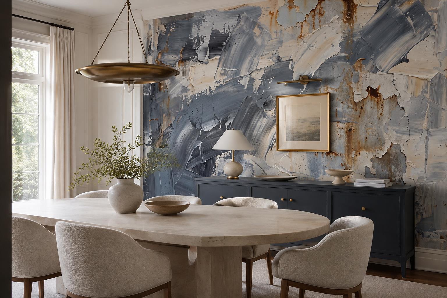 Tan And Neutral Abstract Forms Wallpaper Painterly Wallpaper Mural Dining-room-wallpaper-murals, Shown In A Dining Room, Peel-and-stick Finish