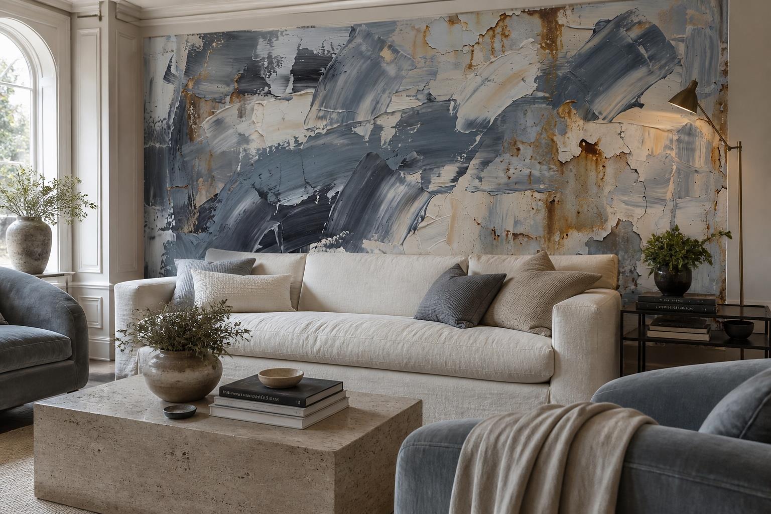 Tan And Neutral Abstract Forms Wallpaper Painterly Wallpaper Mural Living-room-wallpaper-murals, Peel-and-stick Finish