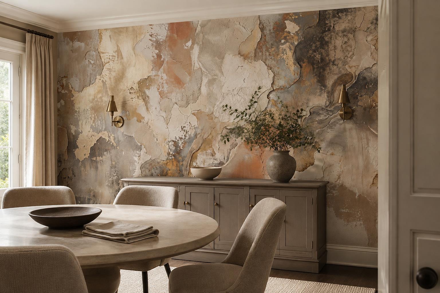 Tan And Neutral Abstract Forms Wallpaper Layered Wallpaper Mural Dining-room-wallpaper-murals, Shown In A Dining Room, Peel-and-stick Finish