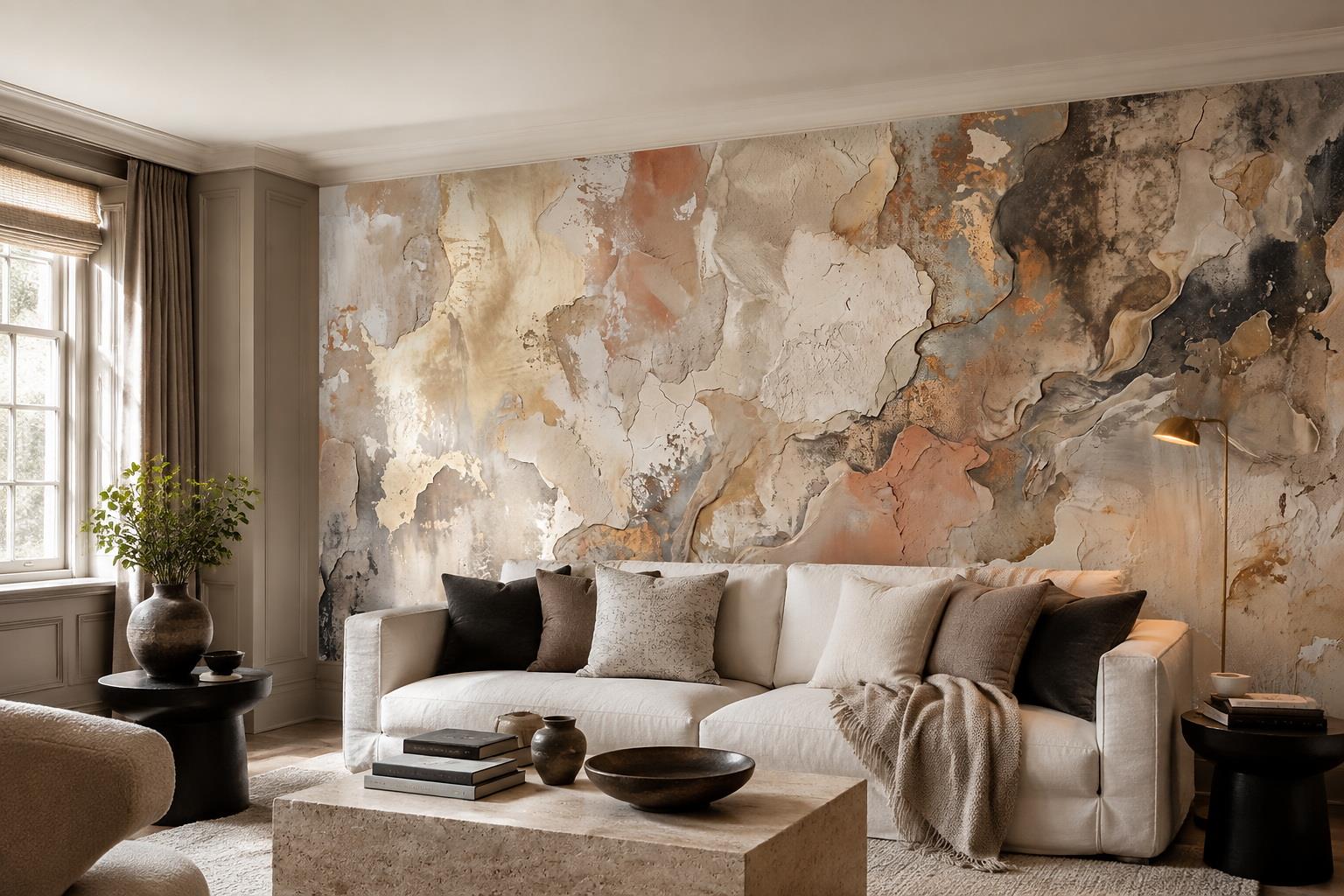 Tan And Neutral Abstract Forms Wallpaper Layered Wallpaper Mural Living-room-wallpaper-murals, Shown In A Living Room, Peel-and-stick Finish