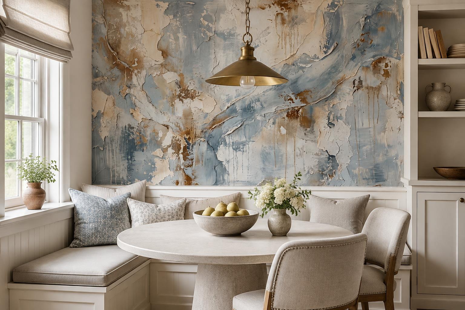 Tan And Neutral Abstract Forms Wallpaper Textured Wallpaper Mural Dining-room-wallpaper-murals, Shown In A Dining Room, Peel-and-stick Finish