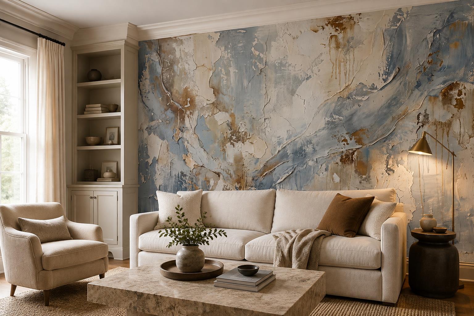 Tan And Neutral Abstract Forms Wallpaper Textured Wallpaper Mural Living-room-wallpaper-murals, Shown In A Living Room, Peel-and-stick Finish