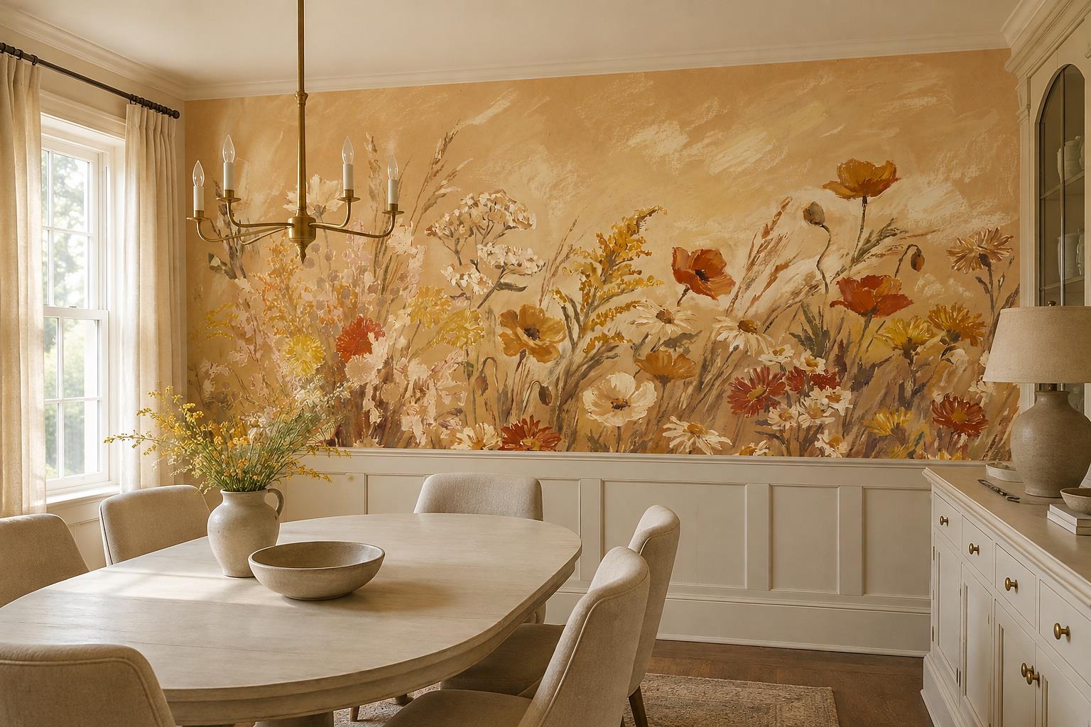 Tan And Neutral Abstract Forms Wallpaper Organic Wallpaper Mural Dining-room-wallpaper-murals, Shown In A Dining Room, Peel-and-stick Finish