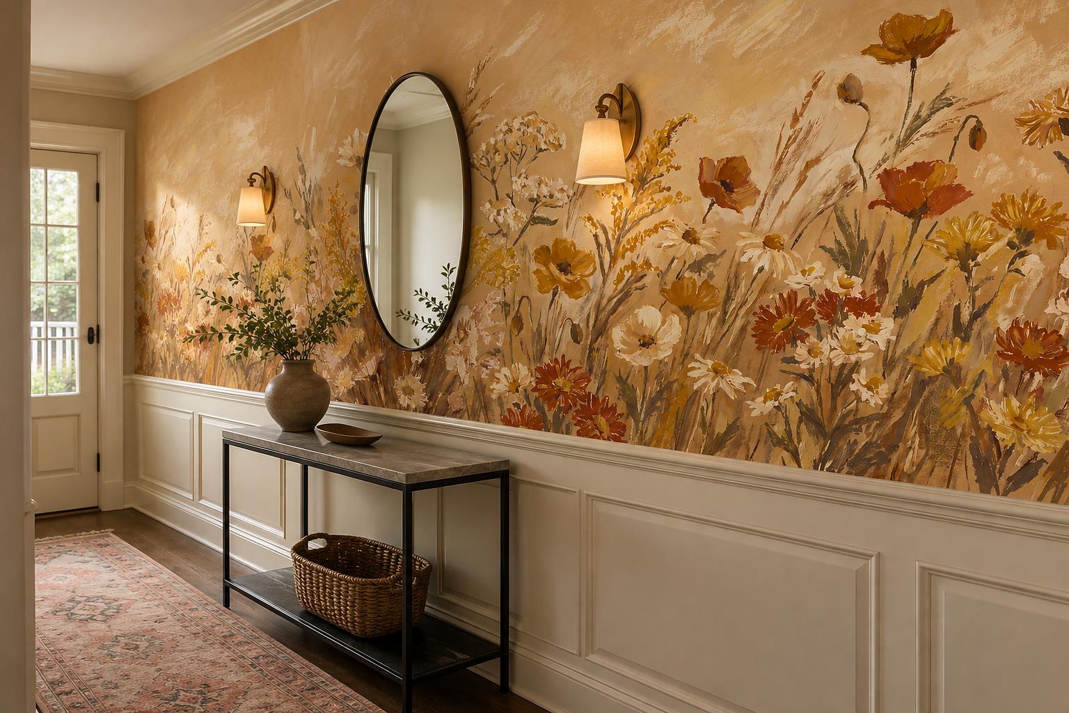 Golden And Rust Wildflower Meadow Wallpaper Mural — Installed Wallpaper Mural In A Entryway, Peel-and-stick Finish