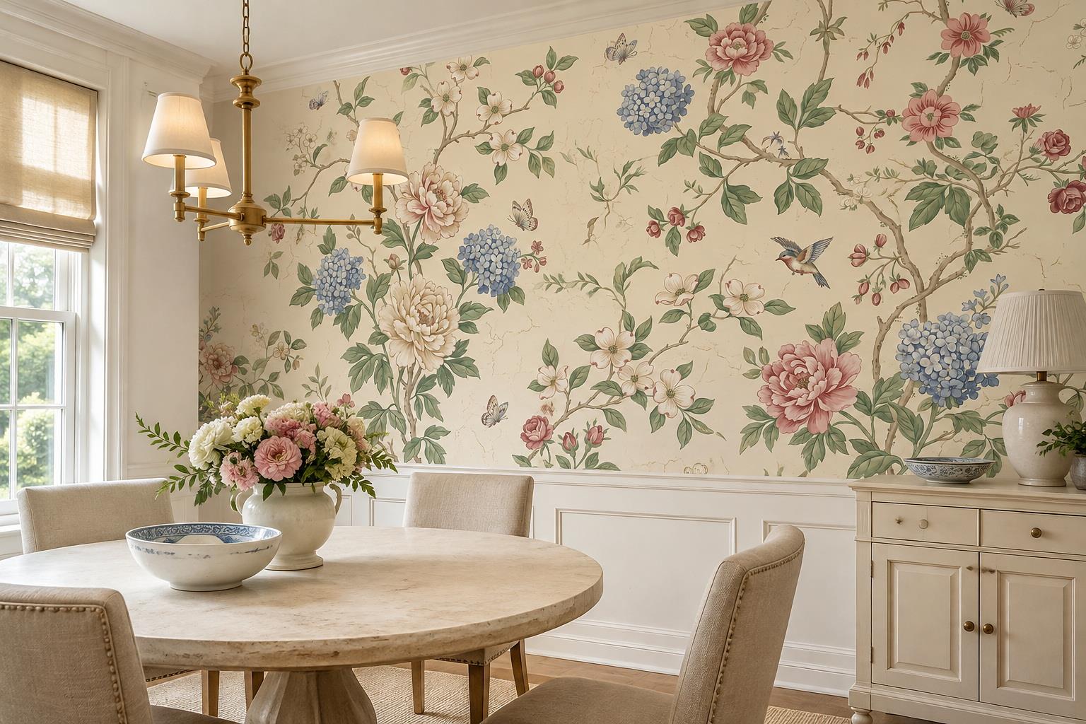 Tan And Neutral Abstract Forms Wallpaper Atmospheric Wallpaper Mural Dining-room-wallpaper-murals, Shown In A Dining Room, Peel-and-stick Finish