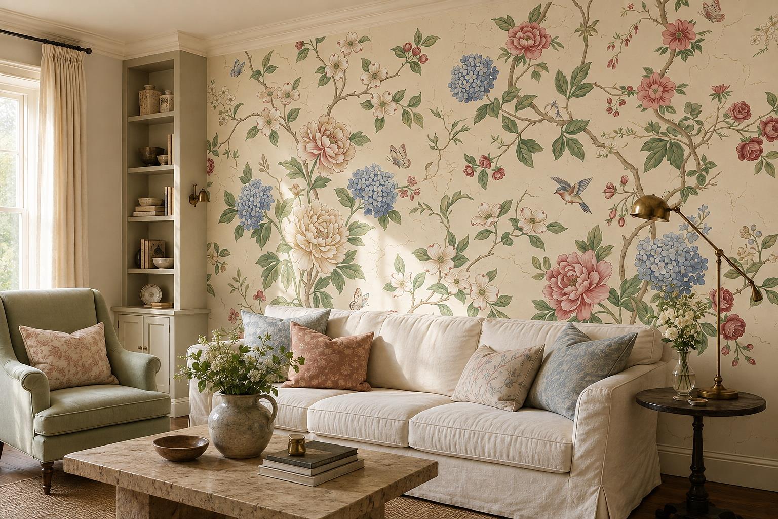 Pastel Blossoms And Birds Wallpaper Mural — Wallpaper Mural Design, Peel-and-stick Finish
