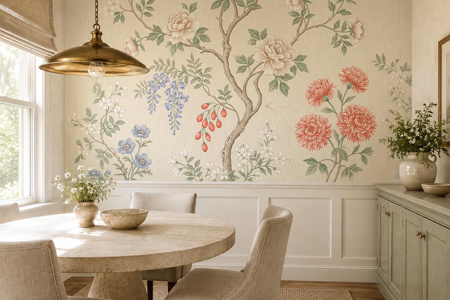 Tan And Neutral Abstract Forms Wallpaper Illustrated Wallpaper Mural Dining-room-wallpaper-murals, Peel-and-stick Finish