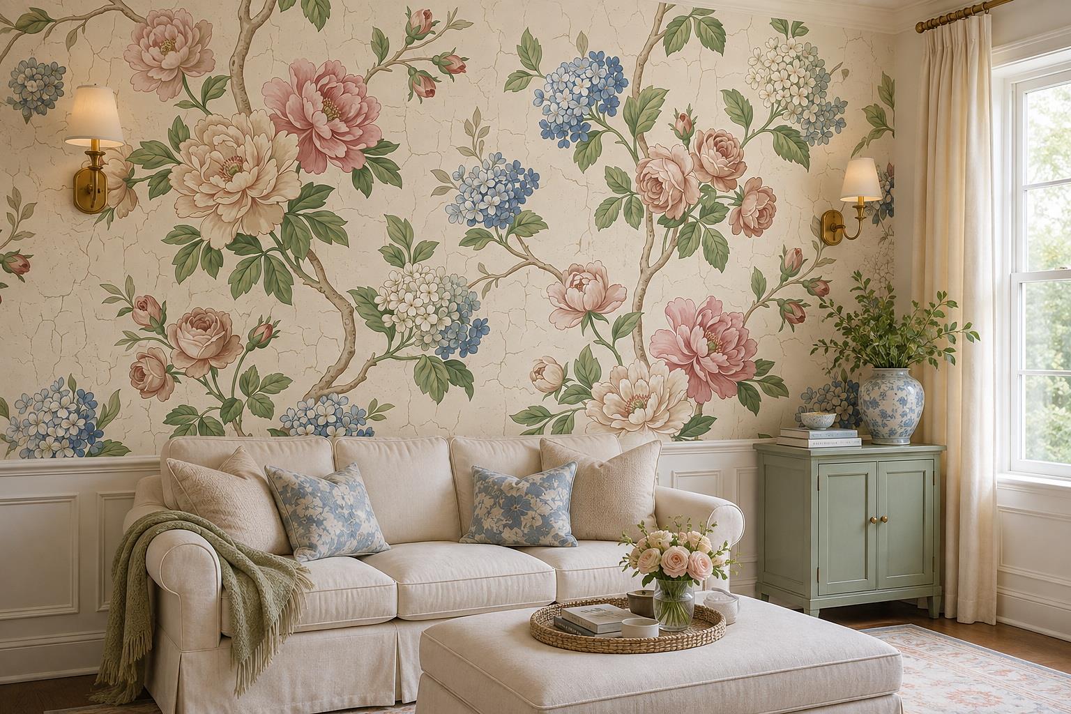Blush Peonies And Blue Hydrangeas Wallpaper Mural — Wallpaper Mural Design, Peel-and-stick Finish