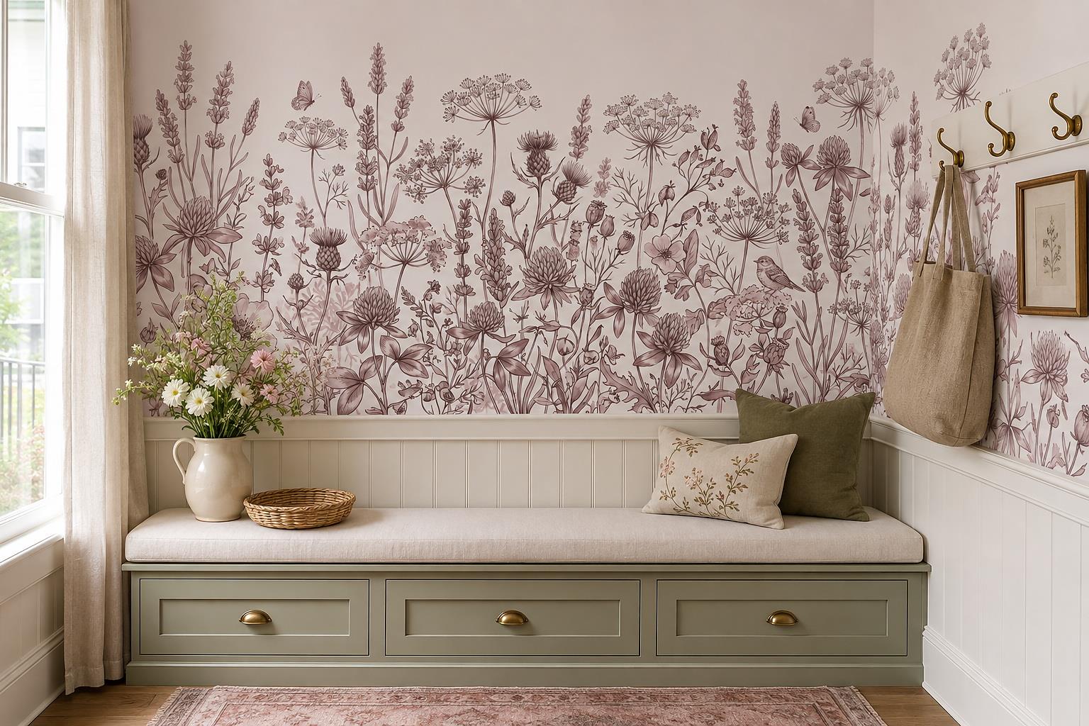 Mauve Meadow Flowers With Birds Wallpaper Mural — Installed Wallpaper Mural In A Entryway, Peel-and-stick Finish