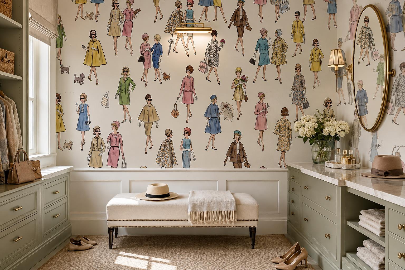 Illustrated Fashion Figures Wallpaper Mural — Wallpaper Mural Design, Peel-and-stick Finish
