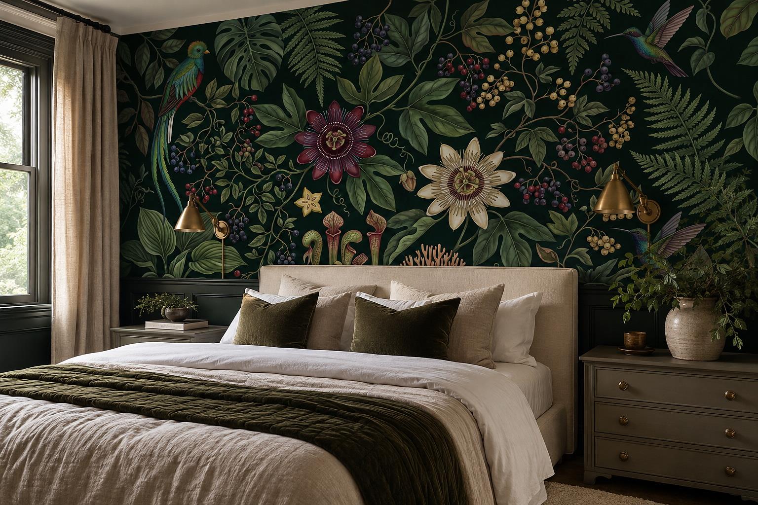 Tropical Birds And Passionflowers Wallpaper Mural — Installed Wallpaper Mural In A Bedroom, Peel-and-stick Finish