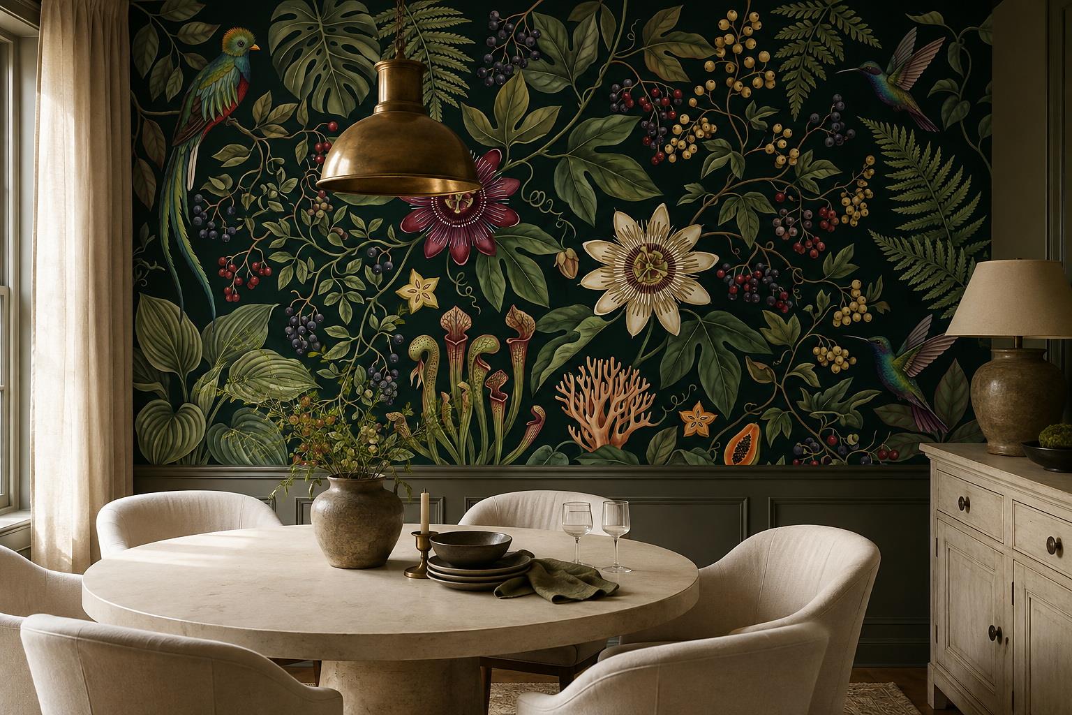 Tan And Neutral Abstract Forms Hand Painted Wallpaper Mural Dining-room-wallpaper-murals, Shown In A Dining Room, Peel-and-stick Finish
