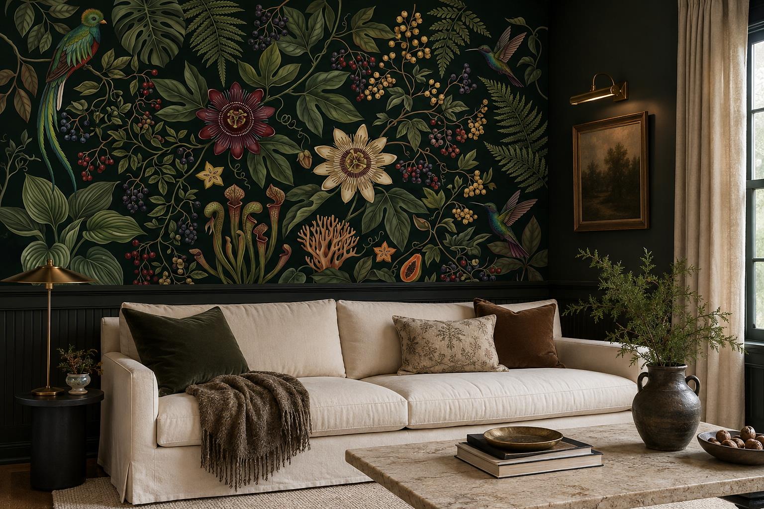 Tan And Neutral Abstract Forms Hand Painted Wallpaper Mural Living-room-wallpaper-murals, Shown In A Living Room, Peel-and-stick Finish