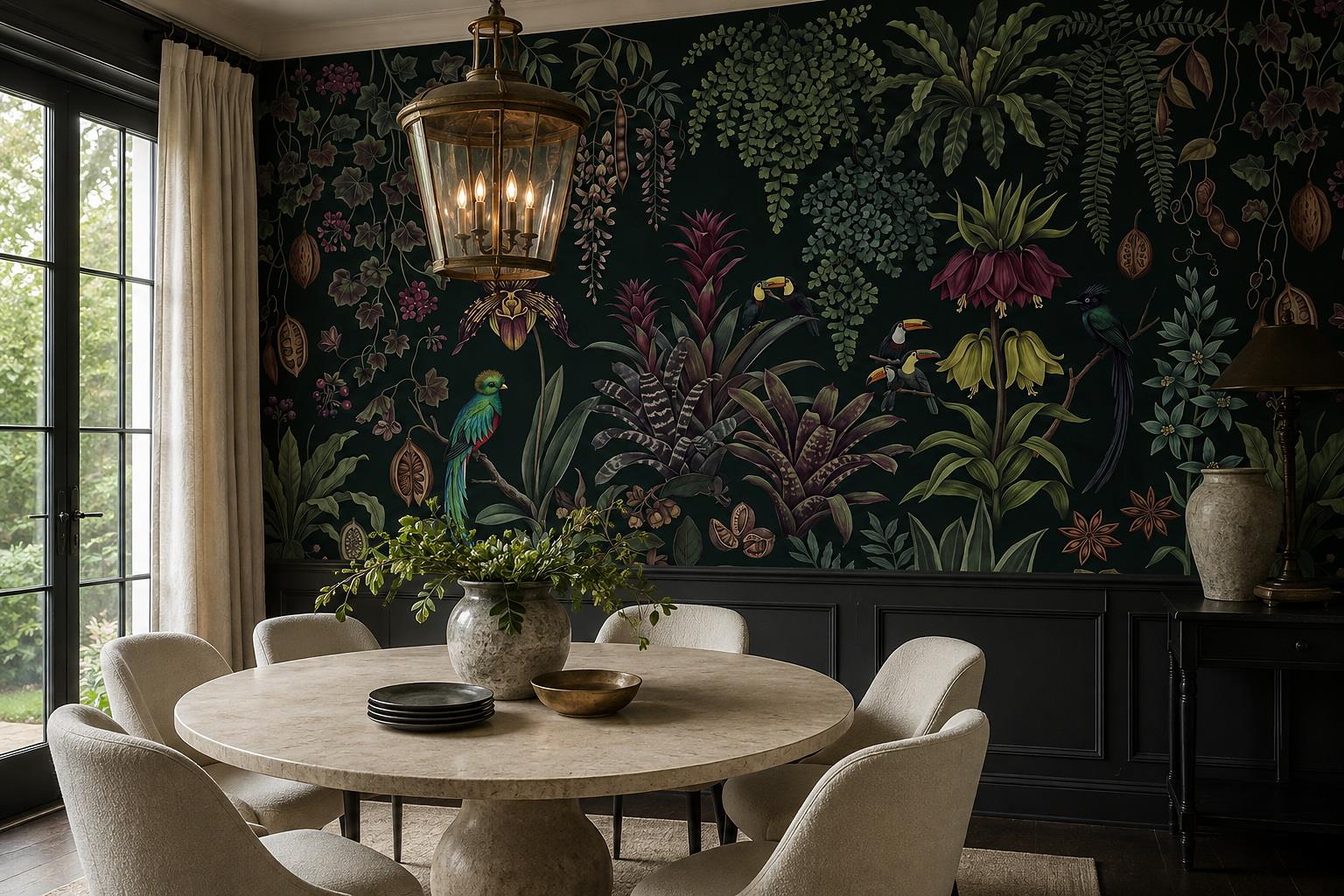 Tan And Neutral Abstract Forms Wallpaper Brushwork Wallpaper Mural Dining-room-wallpaper-murals, Shown In A Dining Room, Peel-and-stick Finish