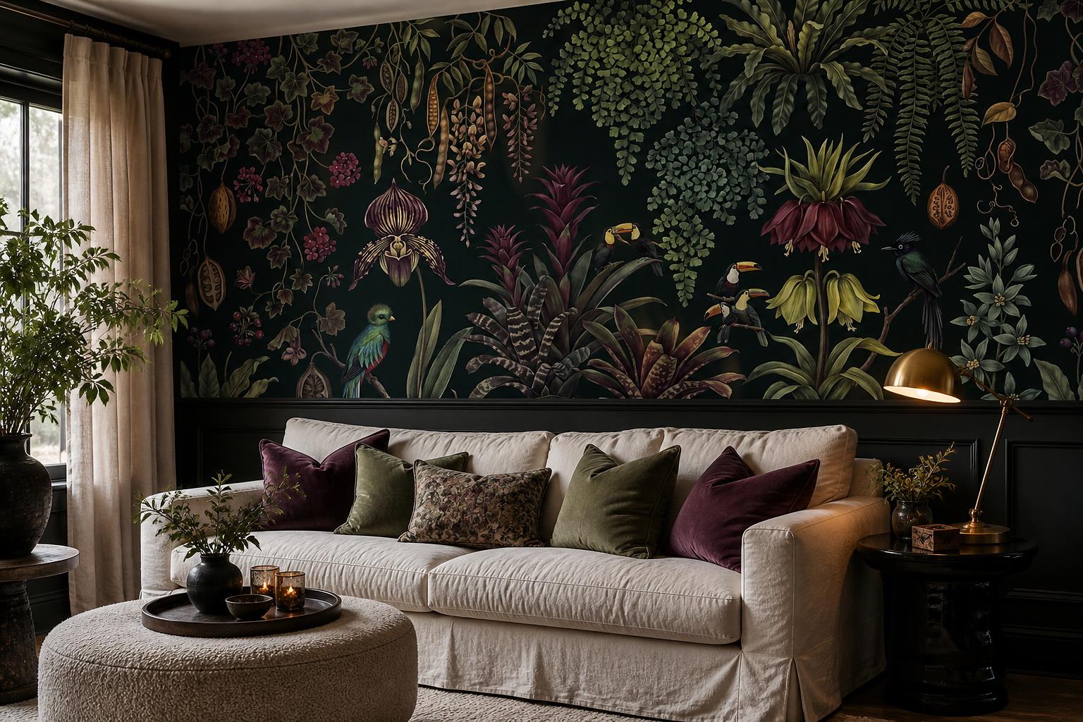 Tropical Birds And Passionflowers On Dark Green Wallpaper — Wallpaper Mural Design, Peel-and-stick Finish