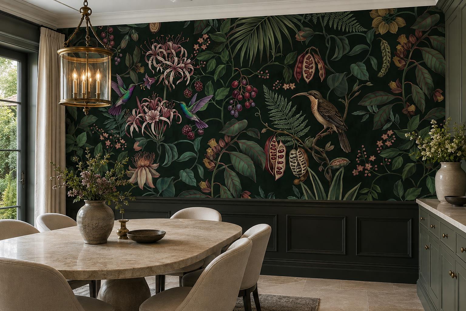 Hummingbirds And Tropical Flowers Wallpaper Mural — Wallpaper Mural Design, Peel-and-stick Finish