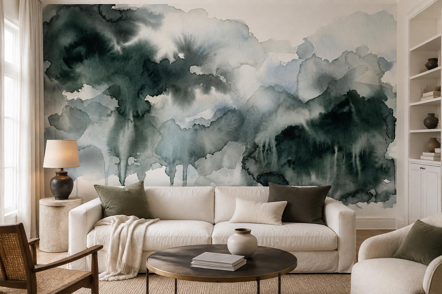 Tan And Neutral Abstract Forms Wallpaper Forms Wallpaper Mural Living-room-wallpaper-murals, Shown In A Living Room, Peel-and-stick Finish