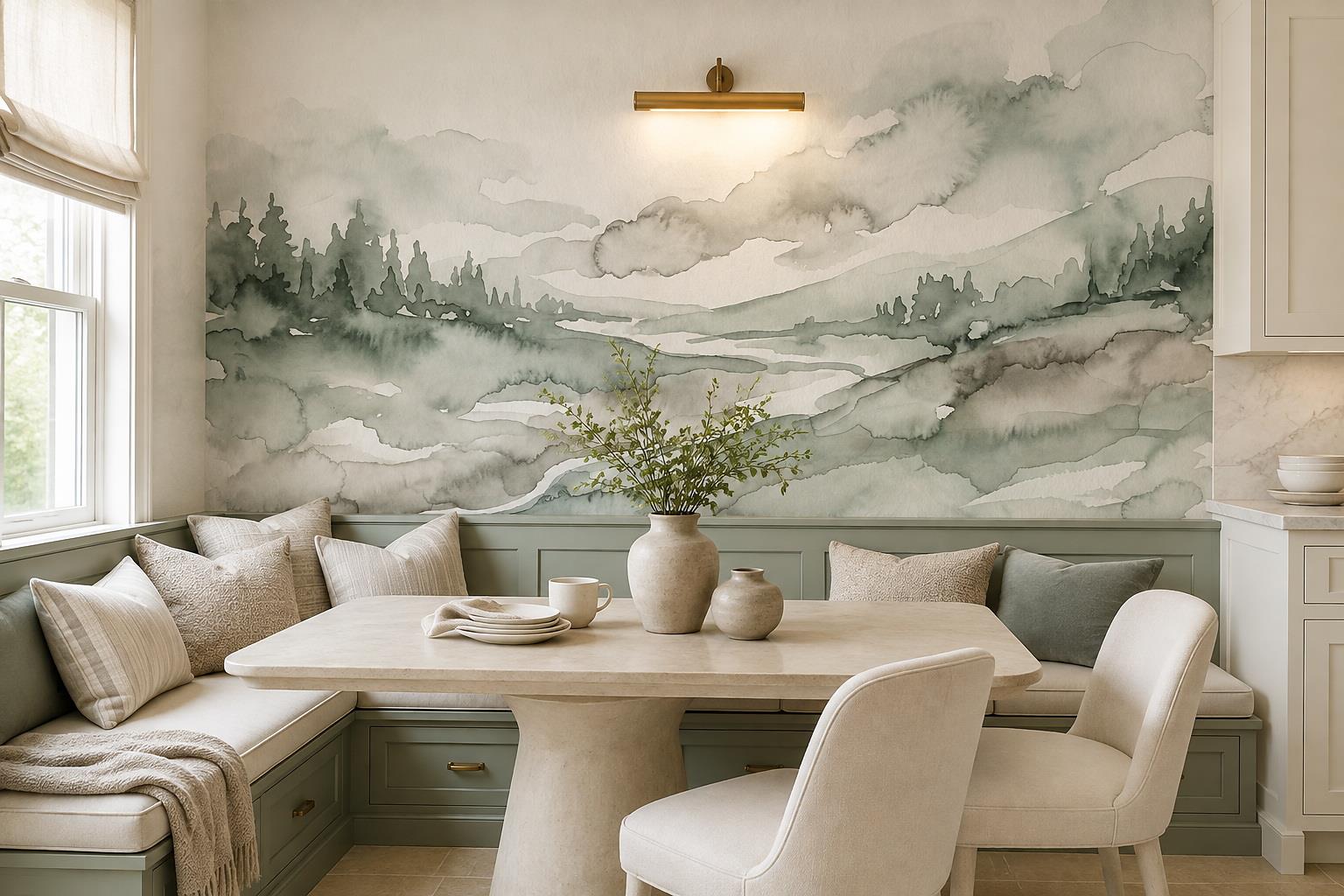 Misty Grey Green River Landscape Wallpaper Mural — Wallpaper Mural Design, Peel-and-stick Finish