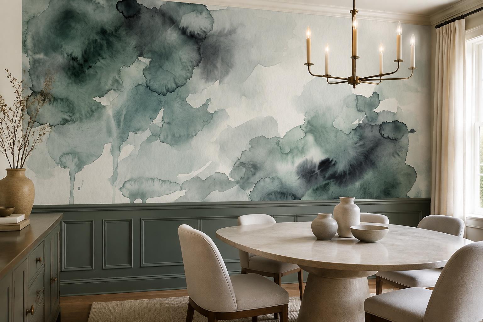 Tan And Neutral Abstract Forms Wallpaper Quiet Wallpaper Mural Dining-room-wallpaper-murals, Shown In A Dining Room, Peel-and-stick Finish