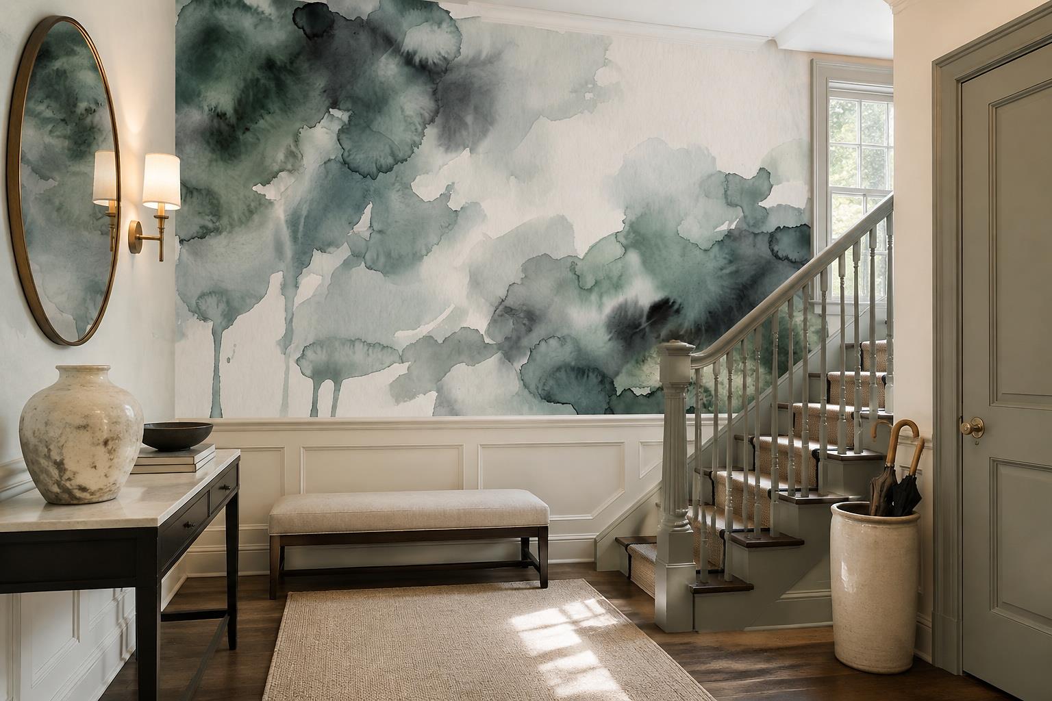 Sage Green Abstract Watercolour Cloud Wallpaper Mural — Installed Wallpaper Mural In A Entryway, Peel-and-stick Finish