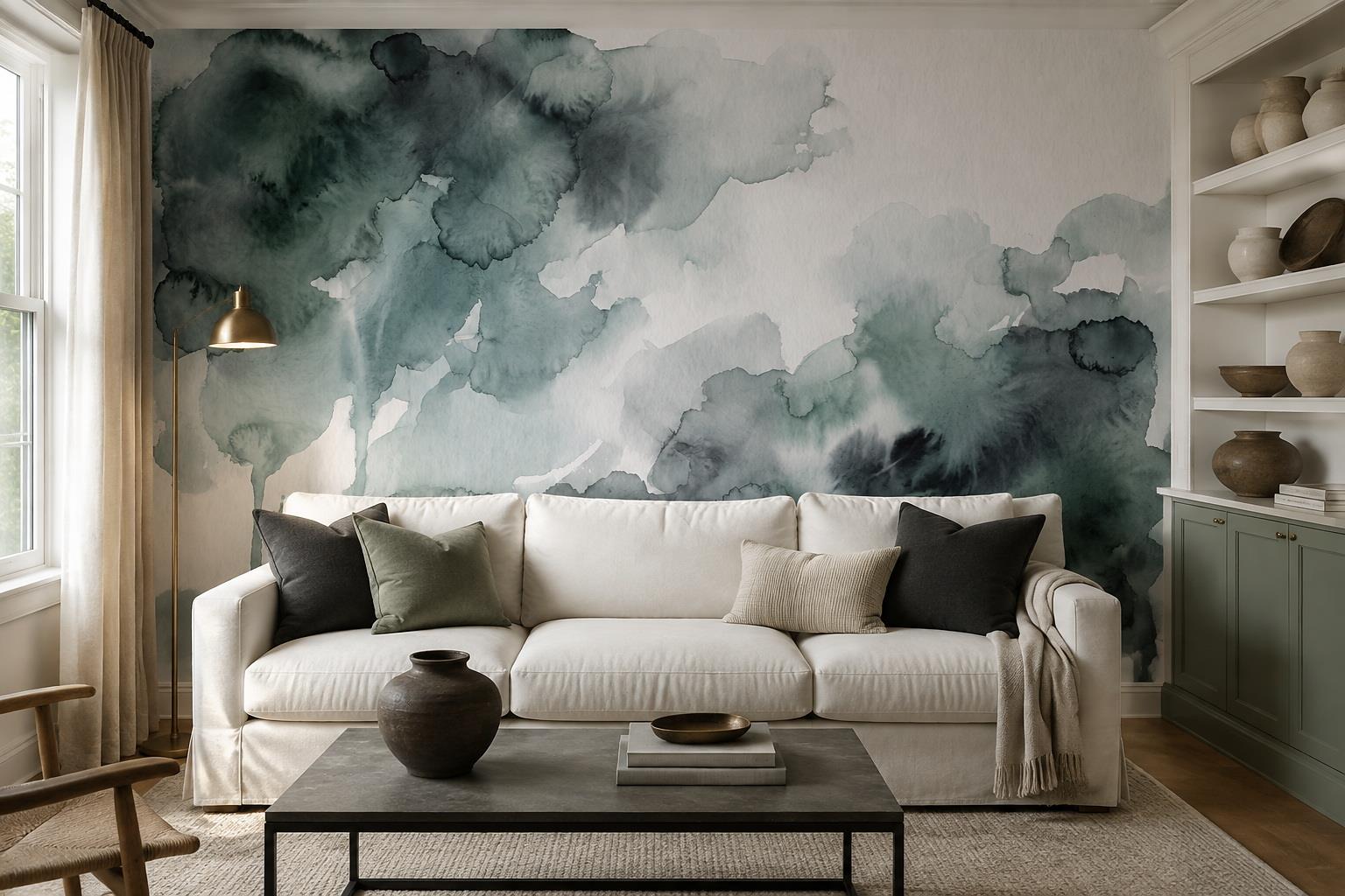 Tan And Neutral Abstract Forms Wallpaper Quiet Wallpaper Mural Living-room-wallpaper-murals, Shown In A Living Room, Peel-and-stick Finish