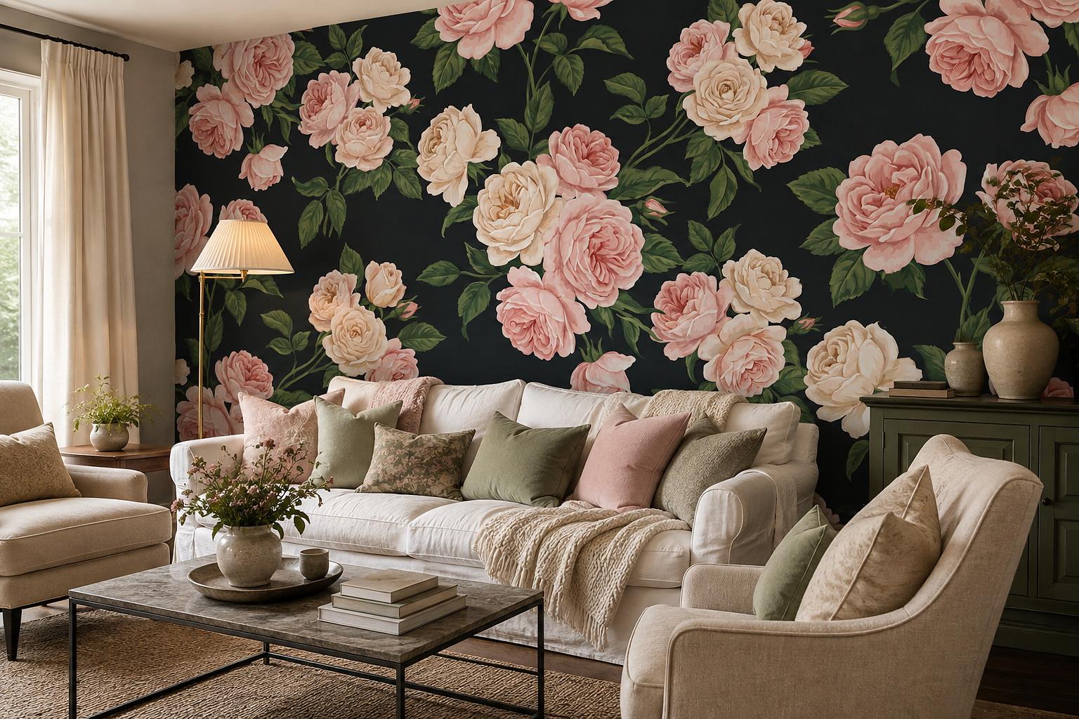 Pink And Cream Roses On Charcoal Wallpaper Mural — Wallpaper Mural Design, Peel-and-stick Finish
