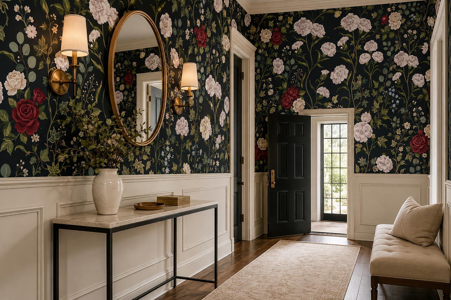 White Carnations And Roses On Dark Green Wallpaper — Installed Wallpaper Mural In A Entryway, Peel-and-stick Finish