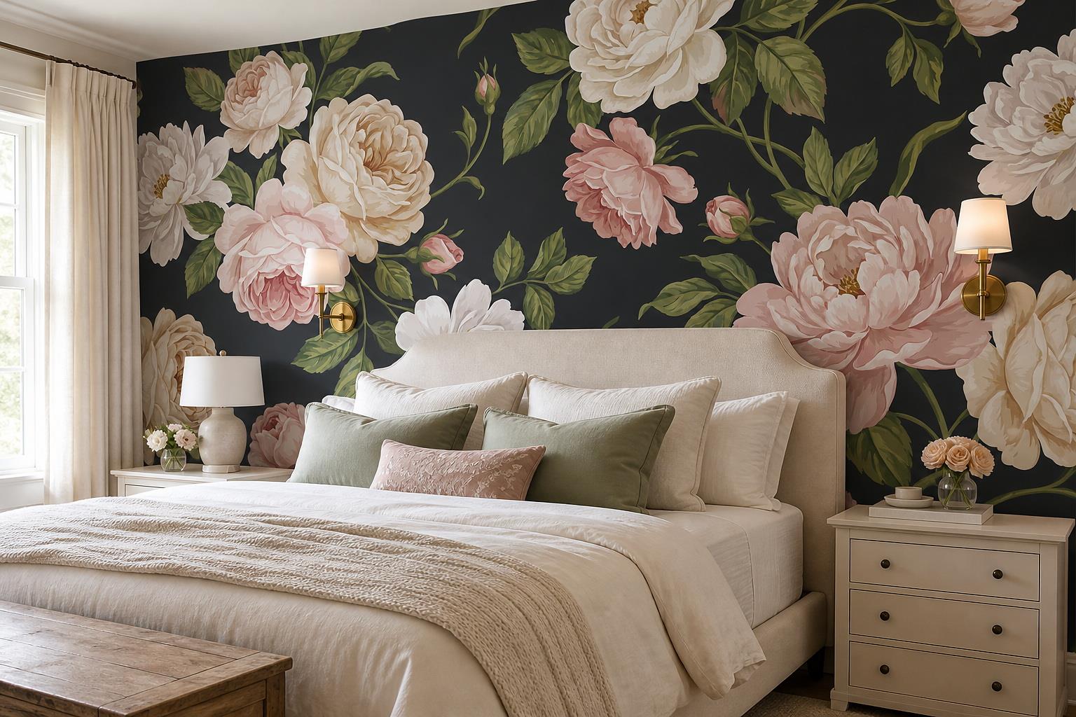 Pink And Ivory Peonies On Charcoal Wallpaper Mural — Installed Wallpaper Mural In A Bedroom, Peel-and-stick Finish