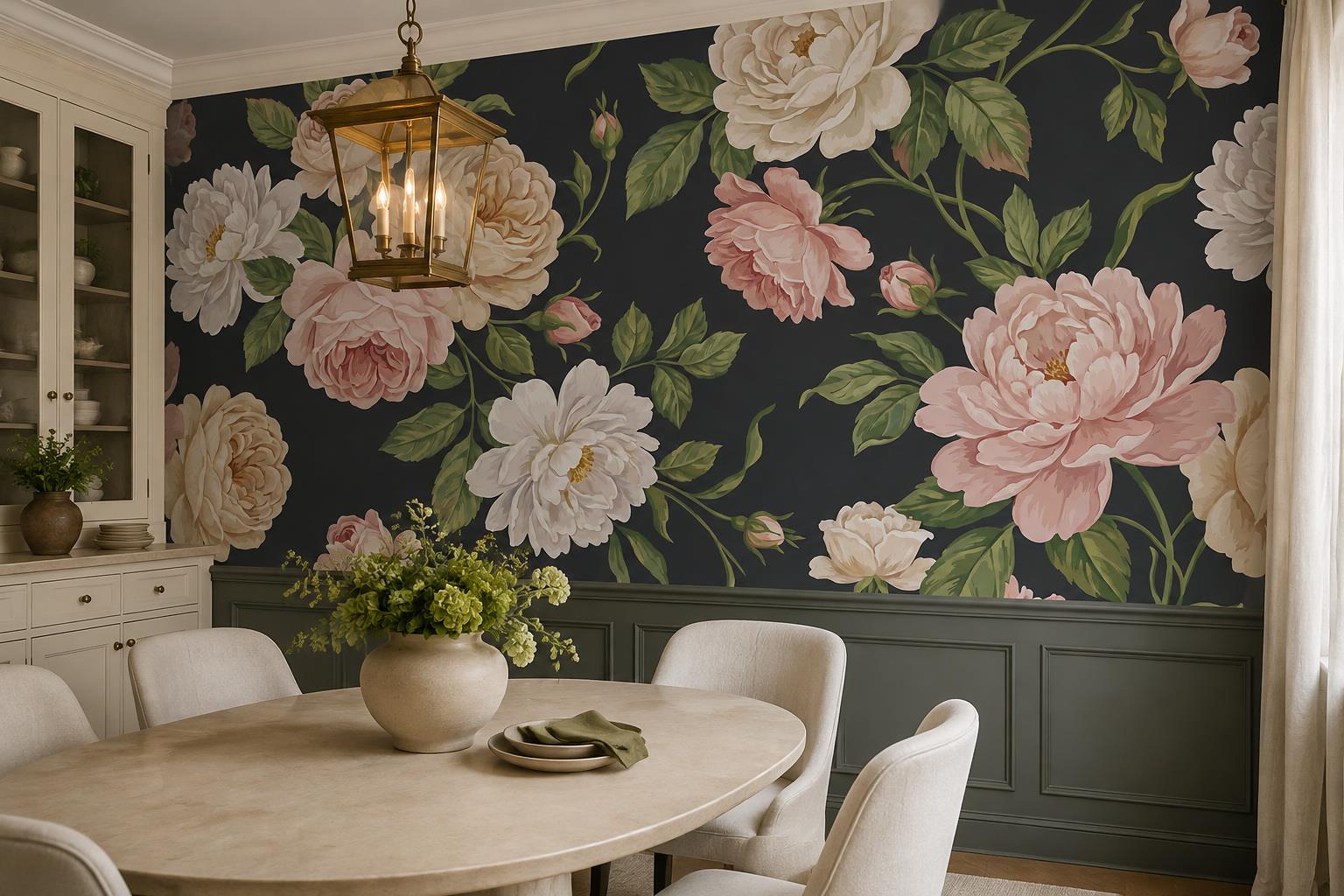 Tan And Neutral Abstract Forms Wallpaper Soft Wallpaper Mural Dining-room-wallpaper-murals, Shown In A Dining Room, Peel-and-stick Finish