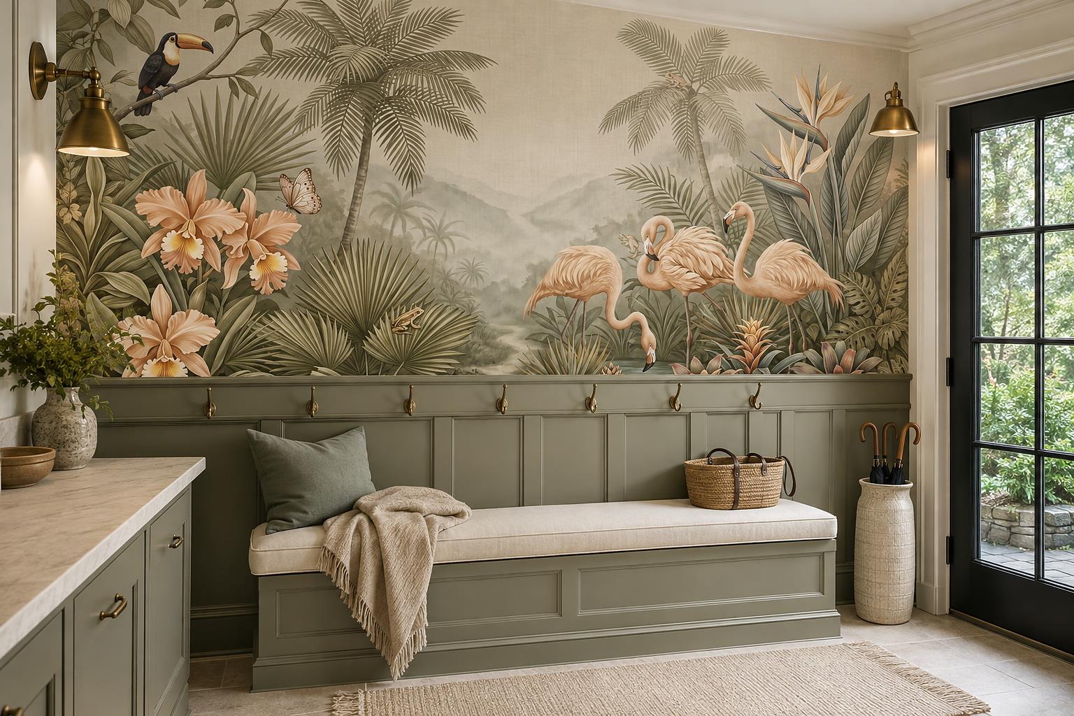 Flamingos And Toucan In A Misty Palm Landscape — Wallpaper Mural Design, Peel-and-stick Finish