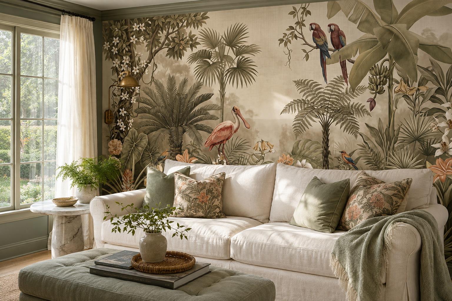 Tropical Birds Among Palms And Ferns Wallpaper Mural — Wallpaper Mural Design, Peel-and-stick Finish