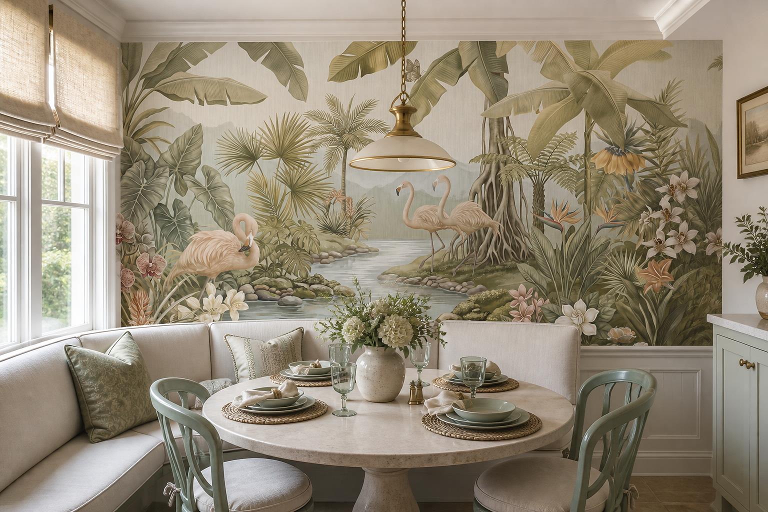 Tan And Neutral Abstract Forms Wallpaper Bold Wallpaper Mural Dining-room-wallpaper-murals, Shown In A Dining Room, Peel-and-stick Finish