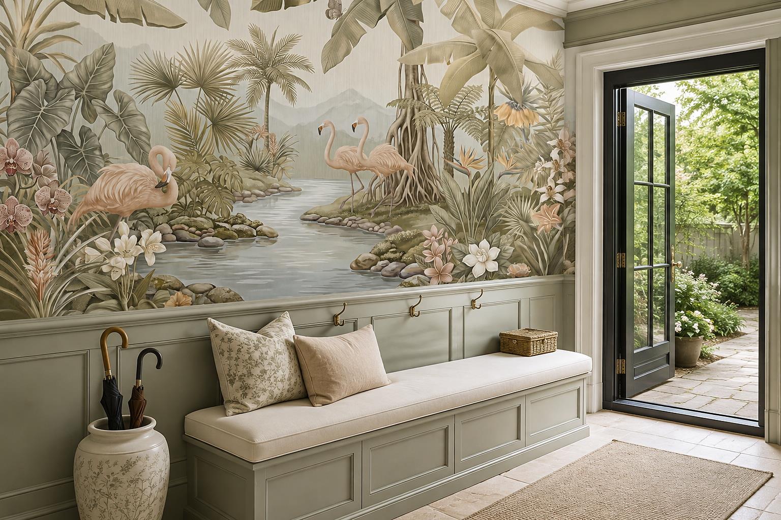 Flamingos By A Tropical River Wallpaper Mural — Wallpaper Mural Design, Peel-and-stick Finish